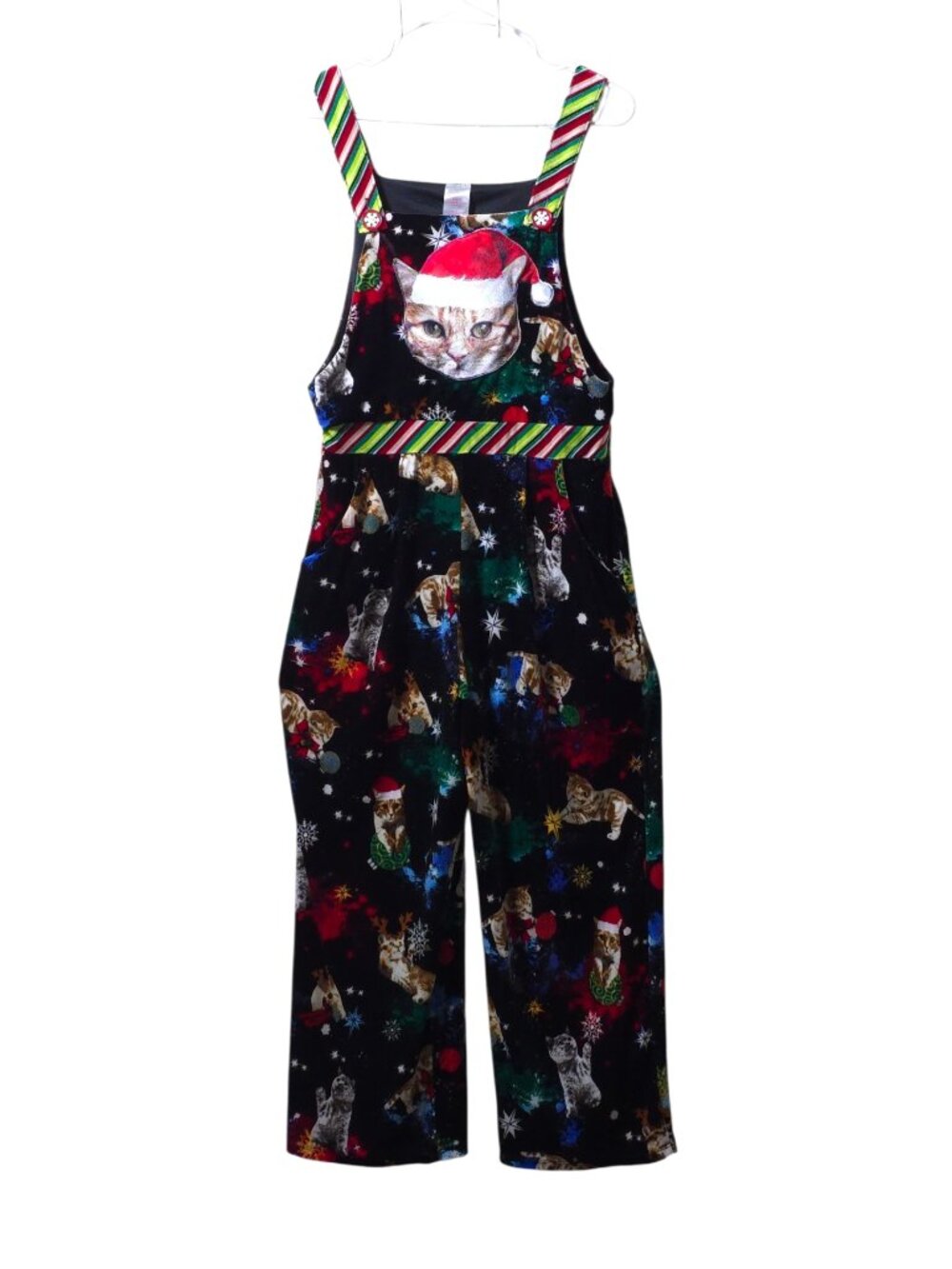 Christmas Cat Overalls Womens Lg Holiday Jumpsuit Santa Kitty Wide Leg Festive